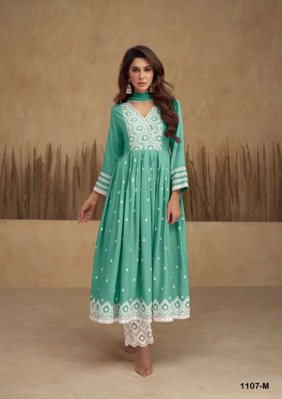 AADHRA VOL 5 LIGHT COLOR PURE RAYON LAKHNAWI WORK NAYRA CUT KURTI WITH COTTON PLAZZO AND DUPATTA BY S3FOREVER BRAND 1107 M